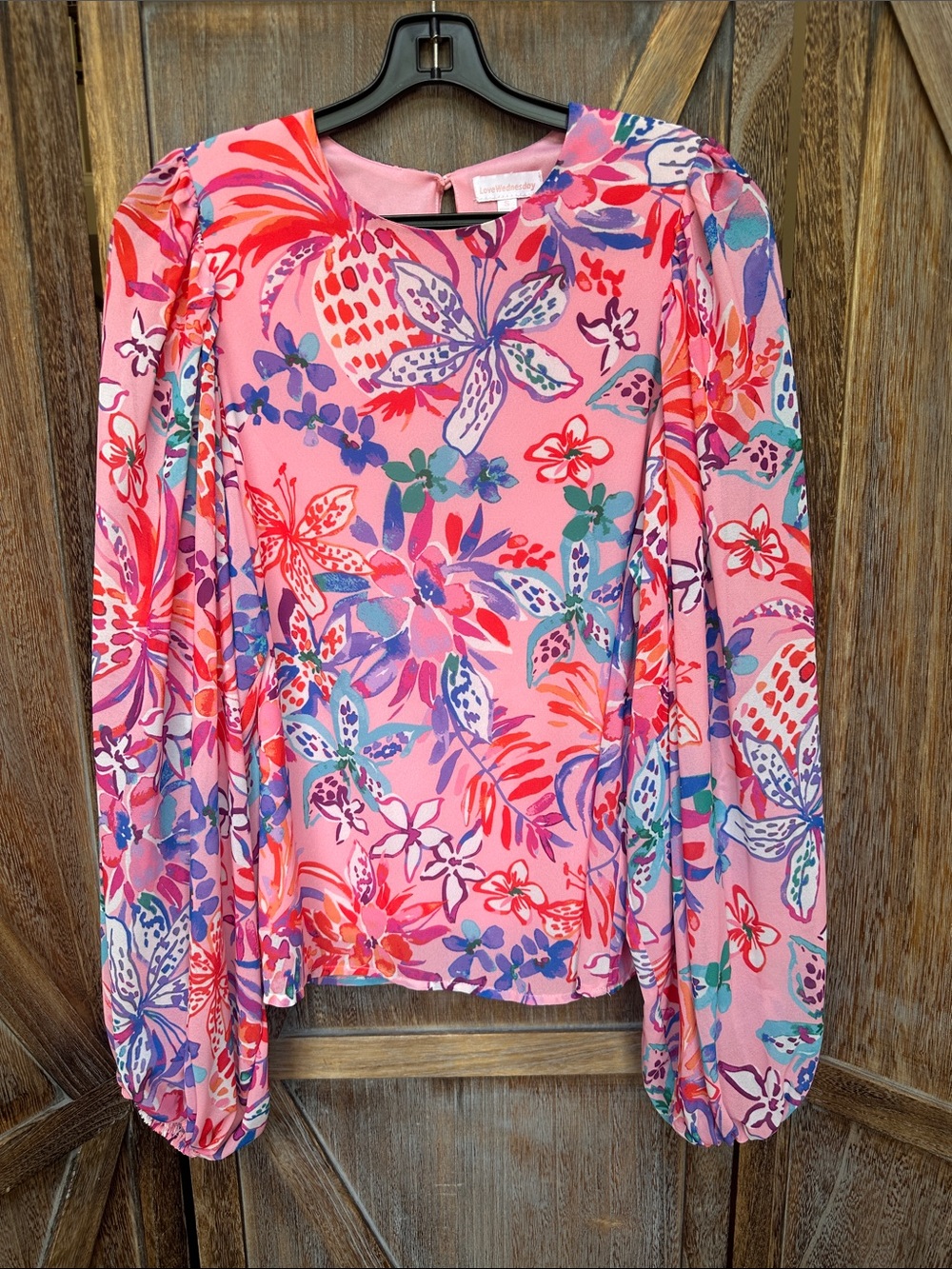 Love Wednesday Pink Multi-Color Floral Puff-Sleeve Blouse Size Small